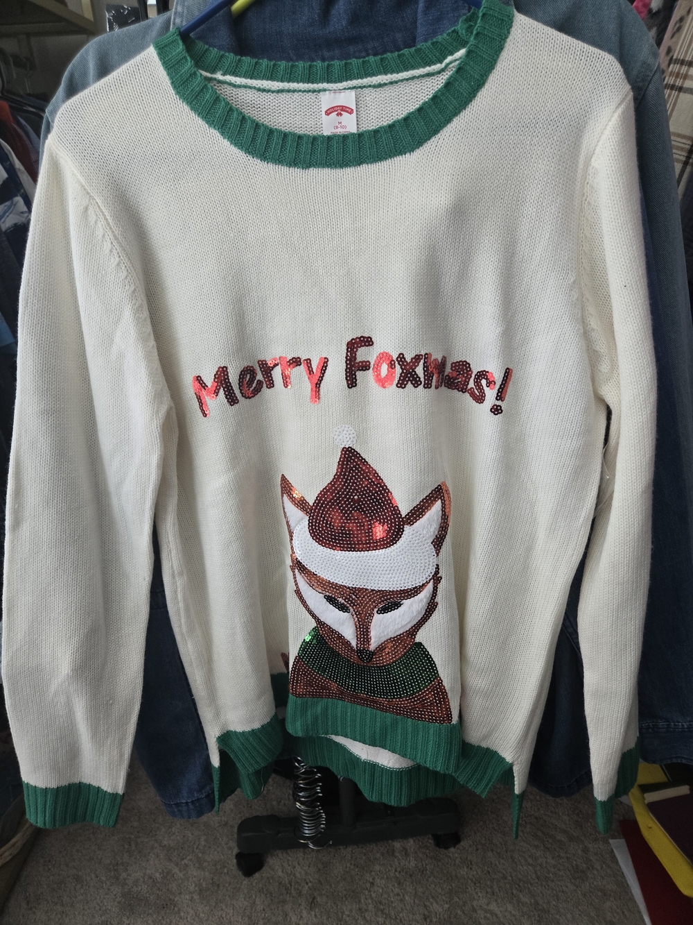 Holiday Time Cream Knit Sweater with Green Trim and Sequin Fox Size MED